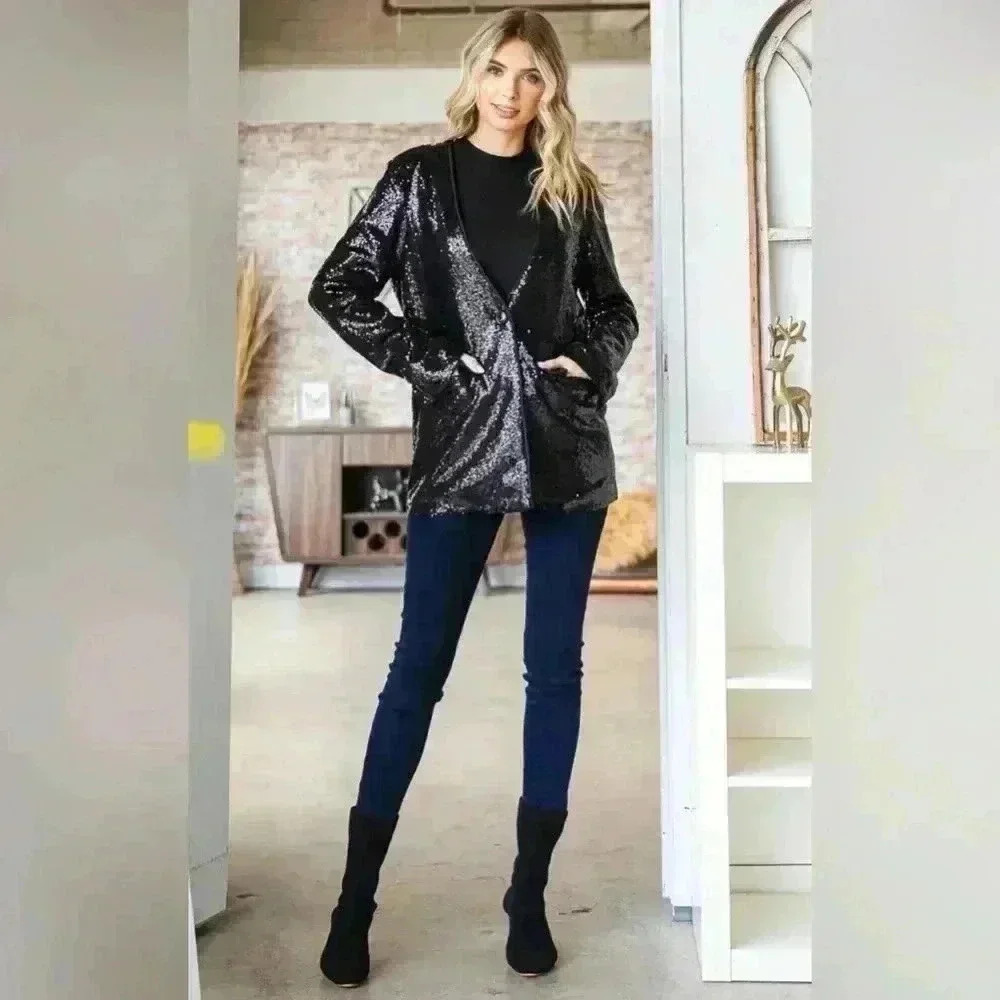 Sequin Full Lined Blazer Jacket Black